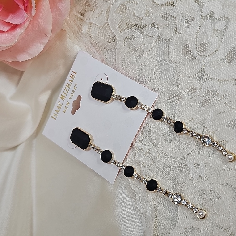 Isaac Mizrahi Goldtone Black Drop Earrings With Crystal Accents